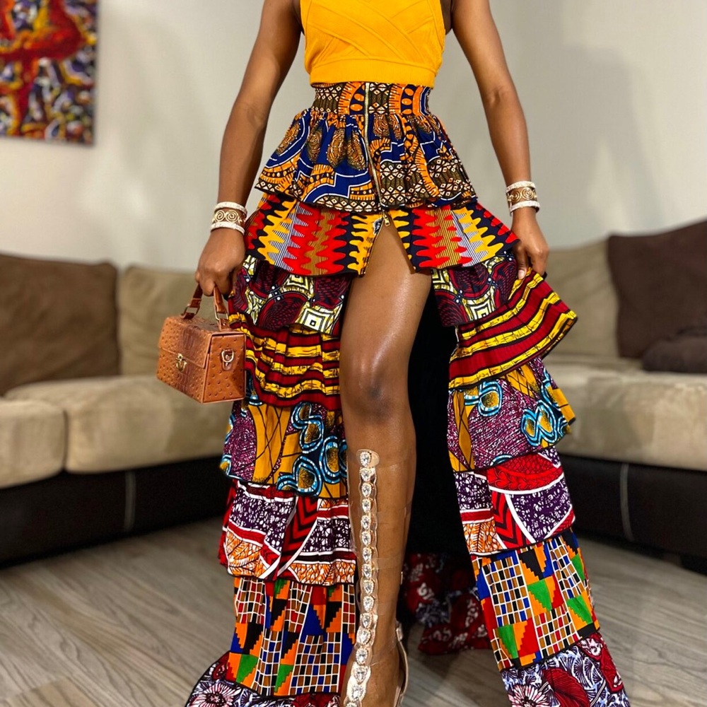 SLITTED MAXI SKIRT IN MULTICOLORED PATCH AFRICAN ANKARA DASHIKI KENTE PATTERN